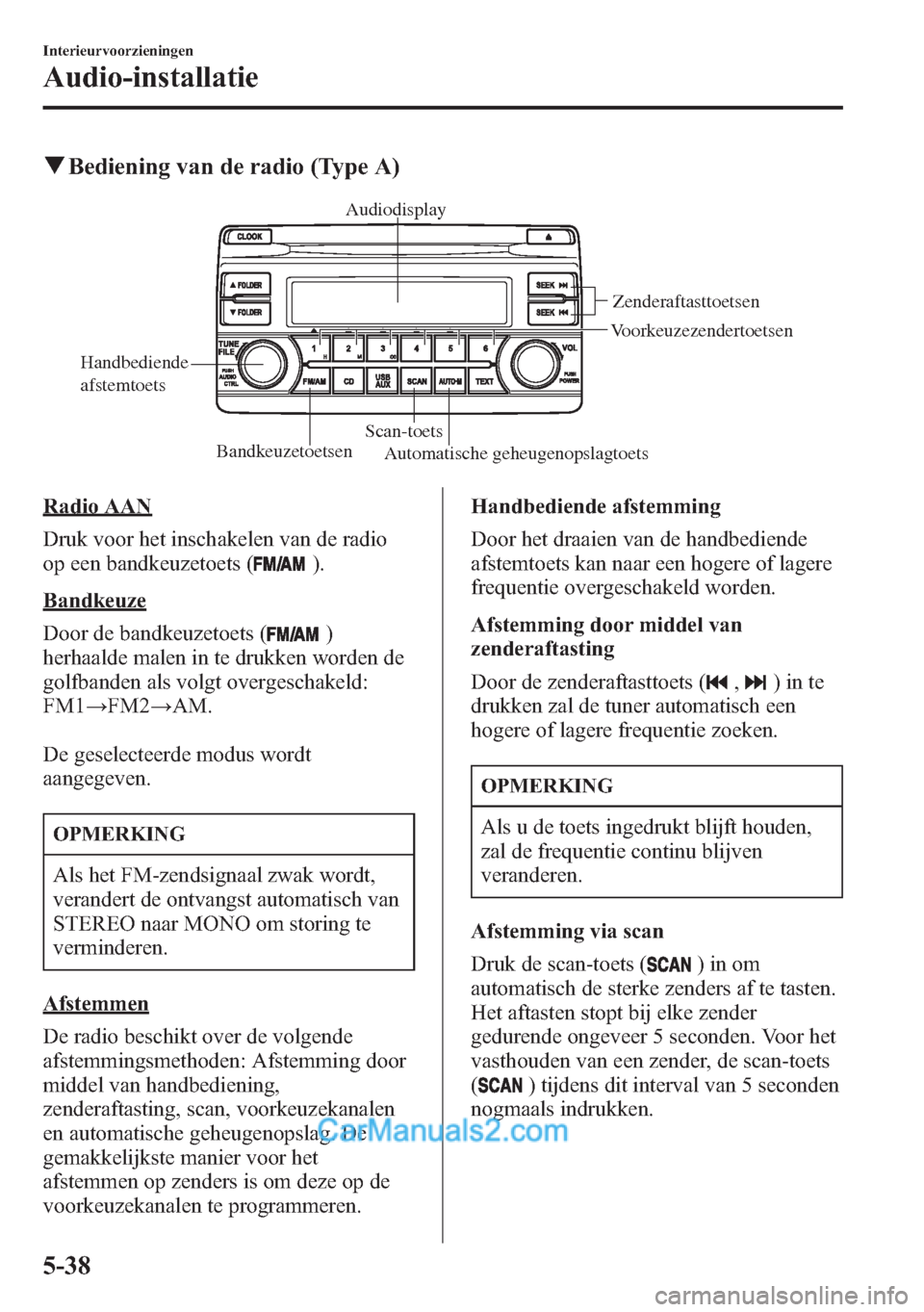 MAZDA MODEL CX-5 2015  Handleiding (in Dutch) qBediening van de radio (Type A)
BandkeuzetoetsenScan-toetsZenderaftasttoetsen 
Voorkeuzezendertoetsen
Automatische geheugenopslagtoets Handbediende 
afstemtoetsAudiodisplay
Radio AAN
Druk voor het in
