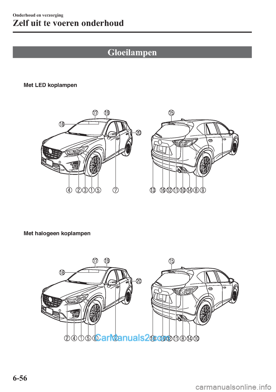MAZDA MODEL CX-5 2015 Handleiding (in Dutch) Gloeilampen
Met LED koplampen
Met halogeen koplampen
6-56
Onderhoud en verzorging
Zelf uit te voeren onderhoud MAZDA MODEL CX-5 2015 Handleiding (in Dutch) Gloeilampen
Met LED koplampen
Met halogeen koplampen
6-56
Onderhoud en verzorging
Zelf uit te voeren onderhoud