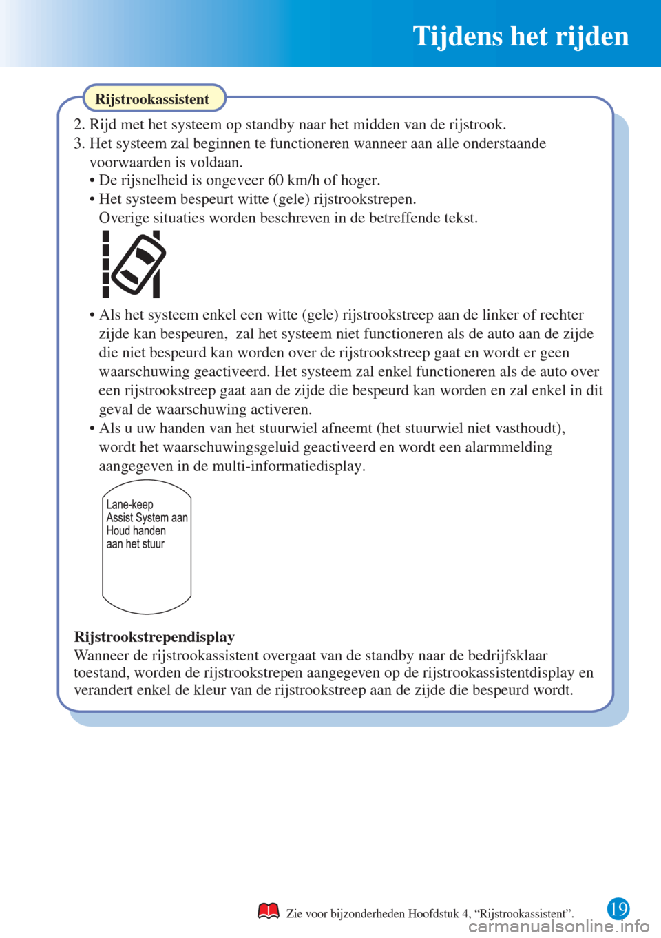 MAZDA MODEL CX-5 2015  Beknopte handleiding (in Dutch) Tijdens het rijden 
19 Zie voor bijzonderheden Hoofdstuk 4, “Rijstrookassistent”. 
Rijstrookassistent
2. Rijd met het systeem op standby naar het midden van de rijstrook. 
3. Het systeem zal begin