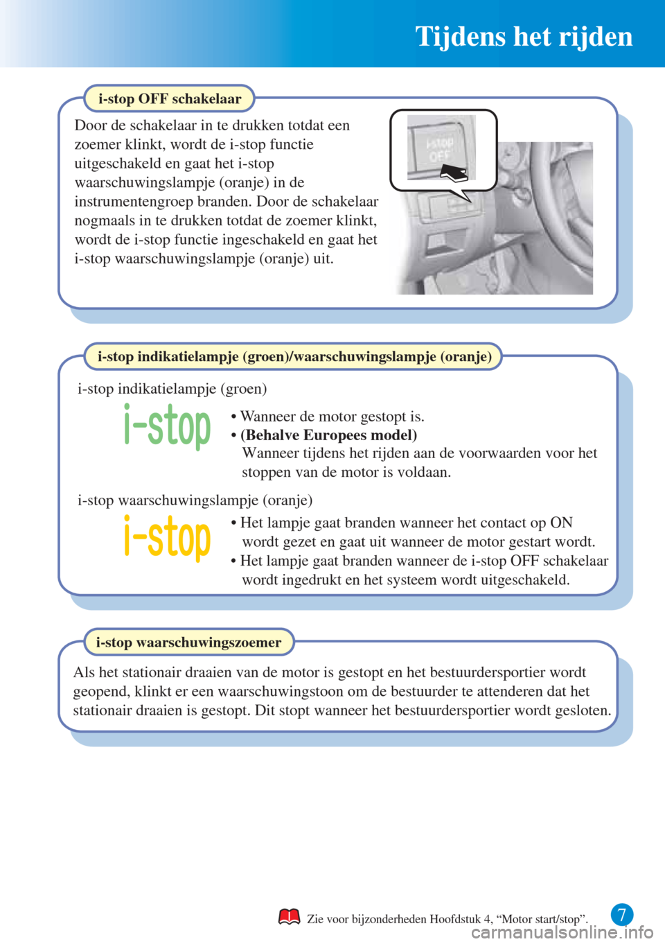 MAZDA MODEL CX-5 2015  Beknopte handleiding (in Dutch) 7 
Tijdens het rijden 
Zie voor bijzonderheden Hoofdstuk 4, “Motor start/stop”. 
i-stop OFF schakelaar
Door de schakelaar in te drukken totdat een 
zoemer klinkt, wordt de i-stop functie 
uitgesch