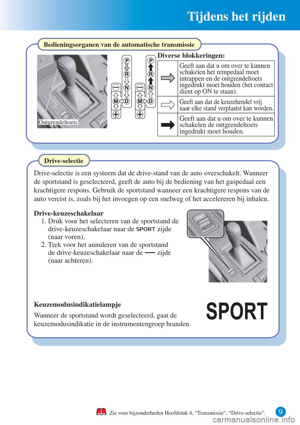 MAZDA MODEL CX-5 2015  Beknopte handleiding (in Dutch) Tijdens het rijden 
9 
Bedieningsorganen van de automatische transmissie
Diverse blokkeringen:
Geeft aan dat u om over te kunnen 
schakelen het rempedaal moet 
intrappen en de ontgrendeltoets 
ingedru