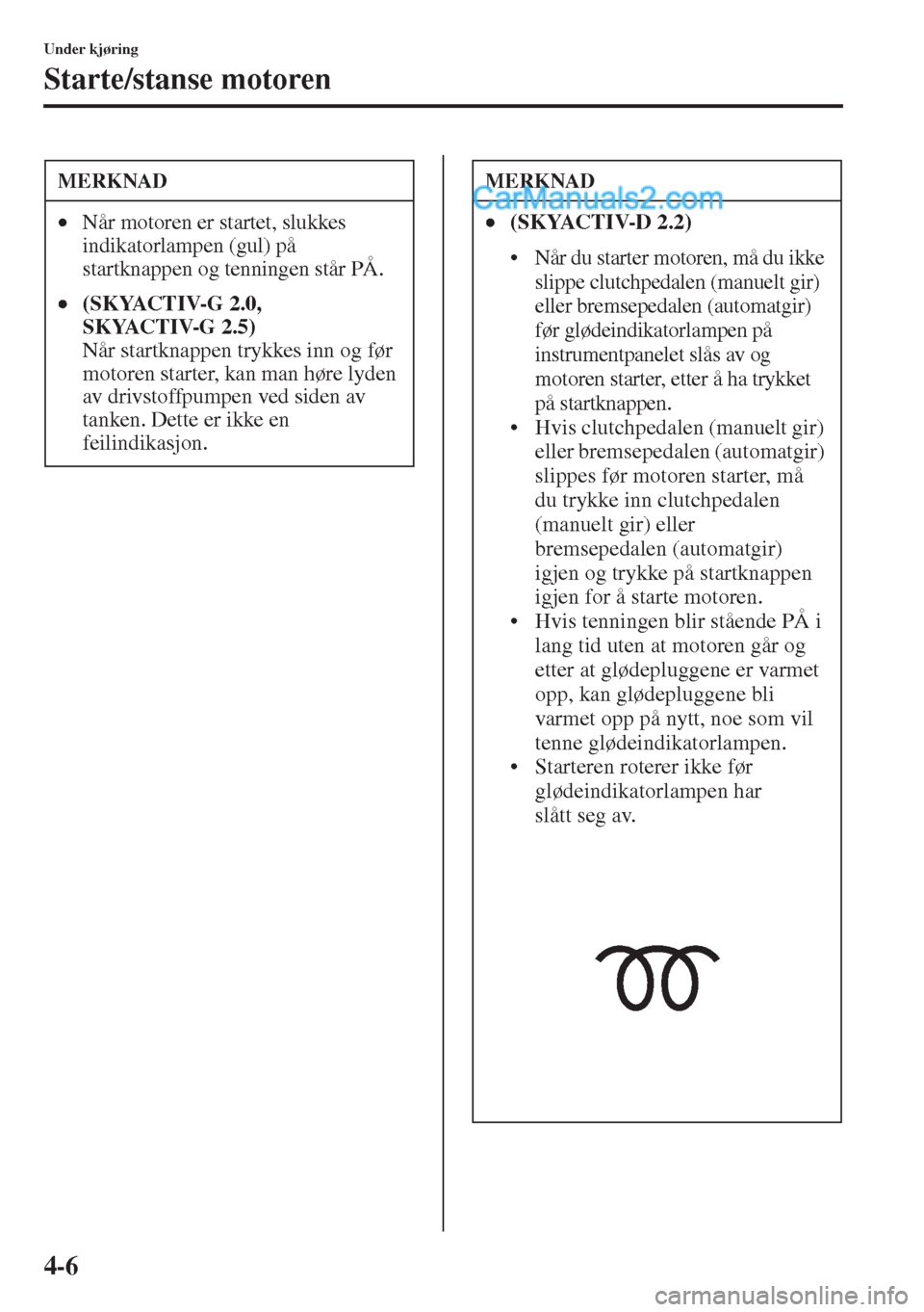 MAZDA MODEL CX-5 2015  Brukerhåndbok (in Norwegian) 4-6
Under kjøring
Starte/stanse motoren
MERKNAD
•Når motoren er startet, slukkes 
indikatorlampen (gul) på 
startknappen og tenningen står PÅ.
•(SKYACTIV-G 2.0, 
SKYACTIV-G 2.5) 
Når startkn