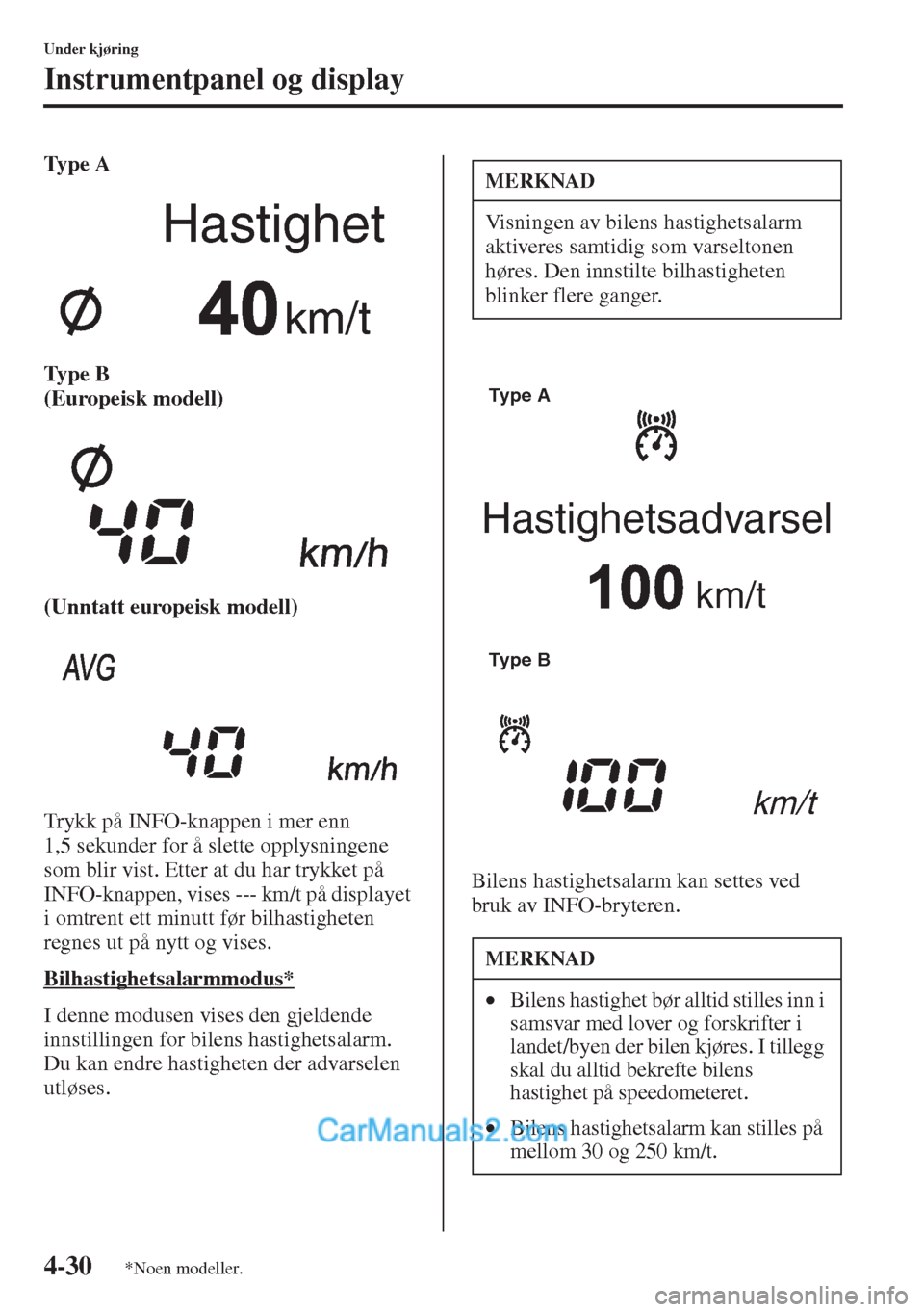 MAZDA MODEL CX-5 2015 Brukerhåndbok (in Norwegian) 4-30
Under kjøring
Instrumentpanel og display
Ty p e A
Ty p e B
(Europeisk modell)
(Unntatt europeisk modell)
Trykk på INFO-knappen i mer enn
1,5 sekunder for å slette opplysningene
som blir MAZDA MODEL CX-5 2015 Brukerhåndbok (in Norwegian) 4-30
Under kjøring
Instrumentpanel og display
Ty p e A
Ty p e B
(Europeisk modell)
(Unntatt europeisk modell)
Trykk på INFO-knappen i mer enn
1,5 sekunder for å slette opplysningene
som blir