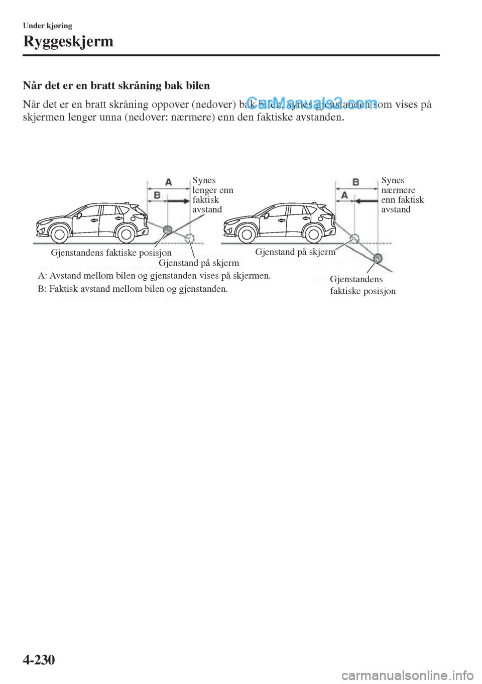 MAZDA MODEL CX-5 2015  Brukerhåndbok (in Norwegian) 4-230
Under kjøring
Ryggeskjerm
Når det er en bratt skråning bak bilen
Når det er en bratt skråning oppover (nedover) bak bilen, synes gjenstanden som vises på 
skjermen lenger unna (nedover: n