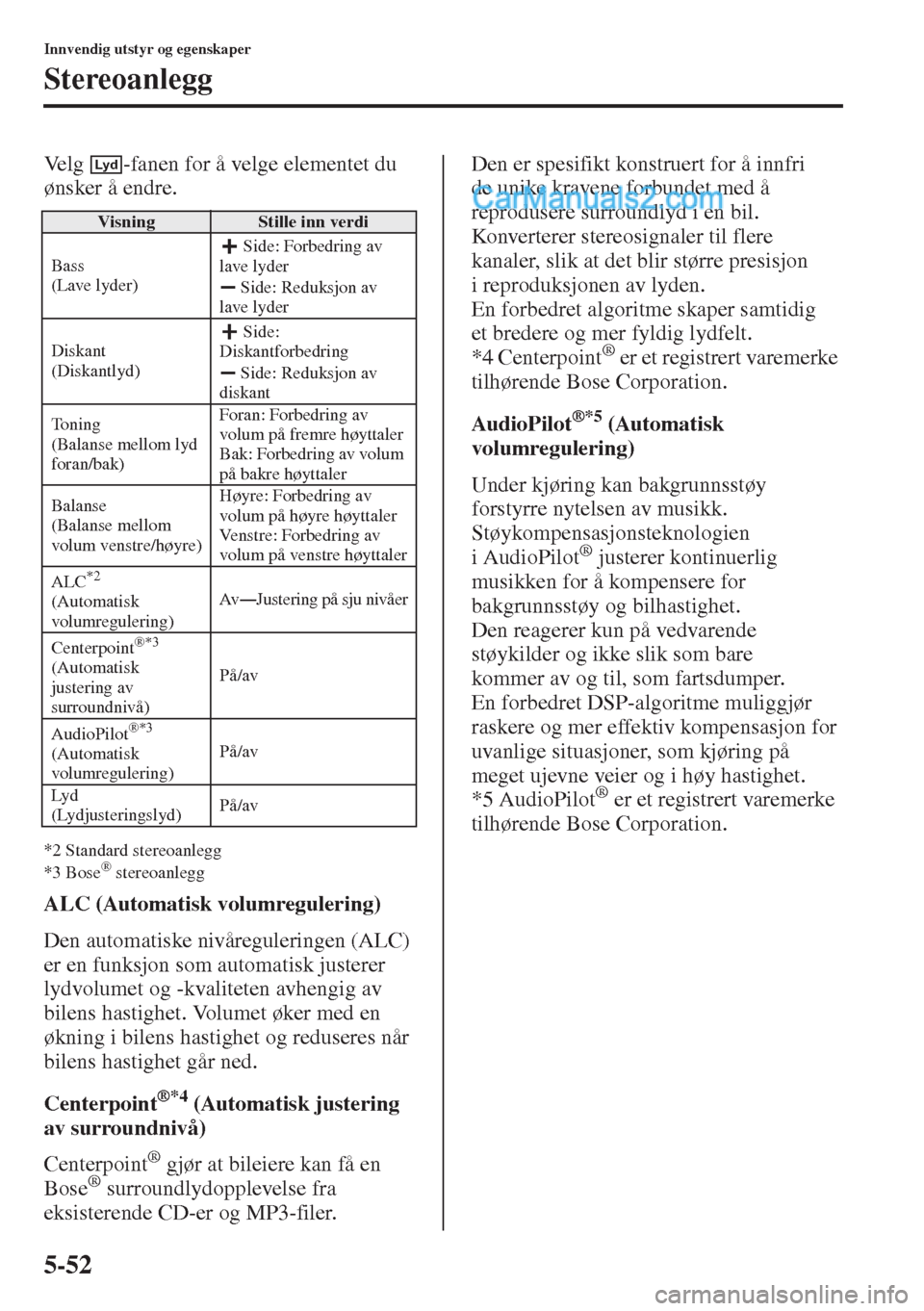 MAZDA MODEL CX-5 2015  Brukerhåndbok (in Norwegian) 5-52
Innvendig utstyr og egenskaper
Stereoanlegg
Velg  -fanen for å velge elementet du 
ønsker å endre.
*2 Standard stereoanlegg
*3 Bose® stereoanlegg
ALC (Automatisk volumregulering)
Den automati