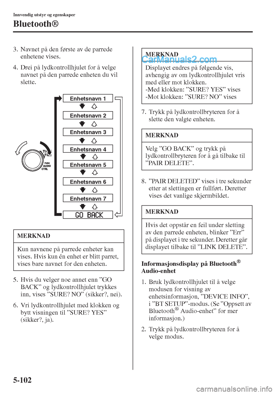 MAZDA MODEL CX-5 2015  Brukerhåndbok (in Norwegian) 5-102
Innvendig utstyr og egenskaper
Bluetooth®
3. Navnet på den første av de parrede 
enhetene vises.
4. Drei på lydkontrollhjulet for å velge 
navnet på den parrede enheten du vil 
slette.
5. 
