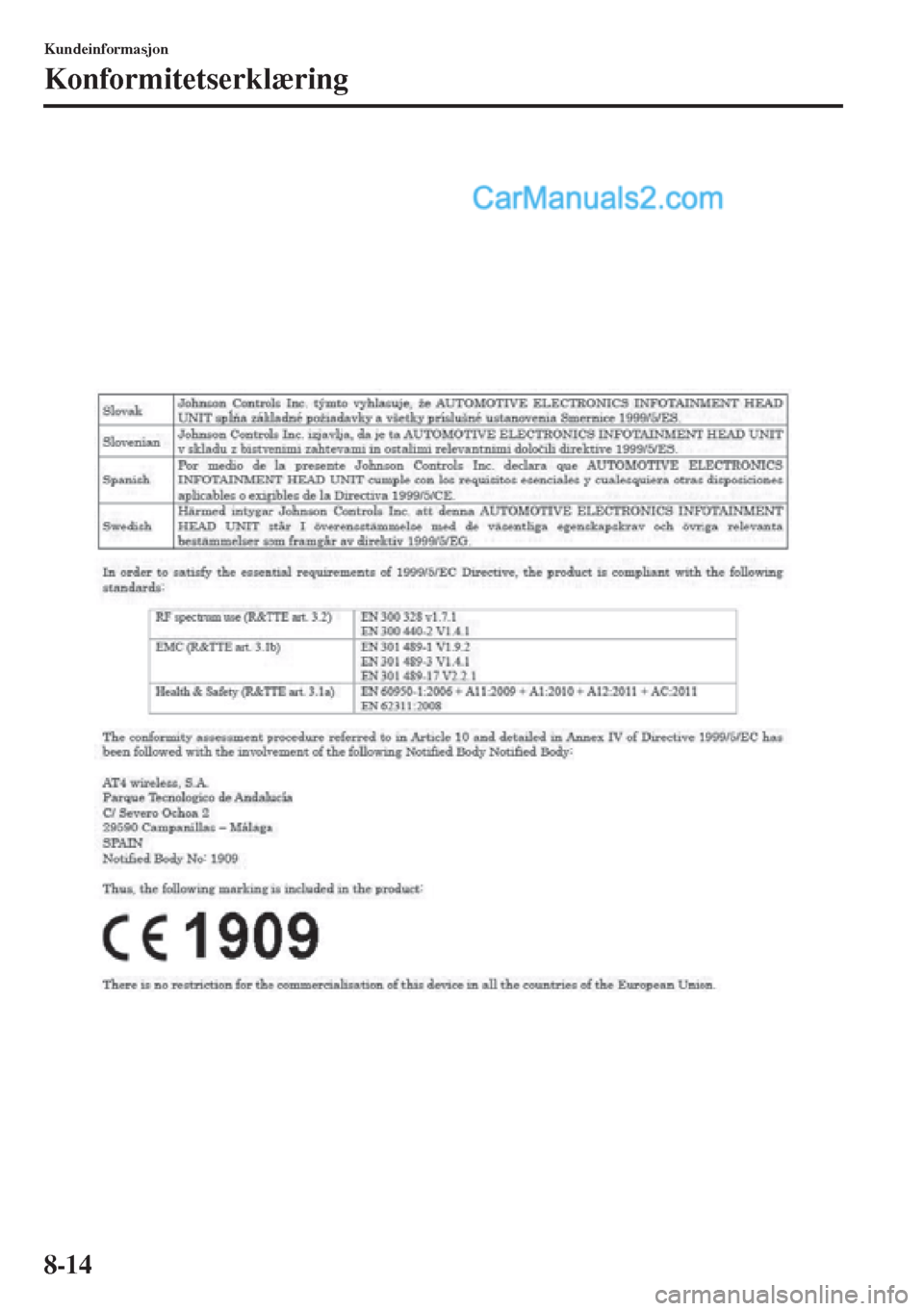 MAZDA MODEL CX-5 2015 Brukerhåndbok (in Norwegian) 8-14
Kundeinformasjon
Konformitetserklæring MAZDA MODEL CX-5 2015 Brukerhåndbok (in Norwegian) 8-14
Kundeinformasjon
Konformitetserklæring
