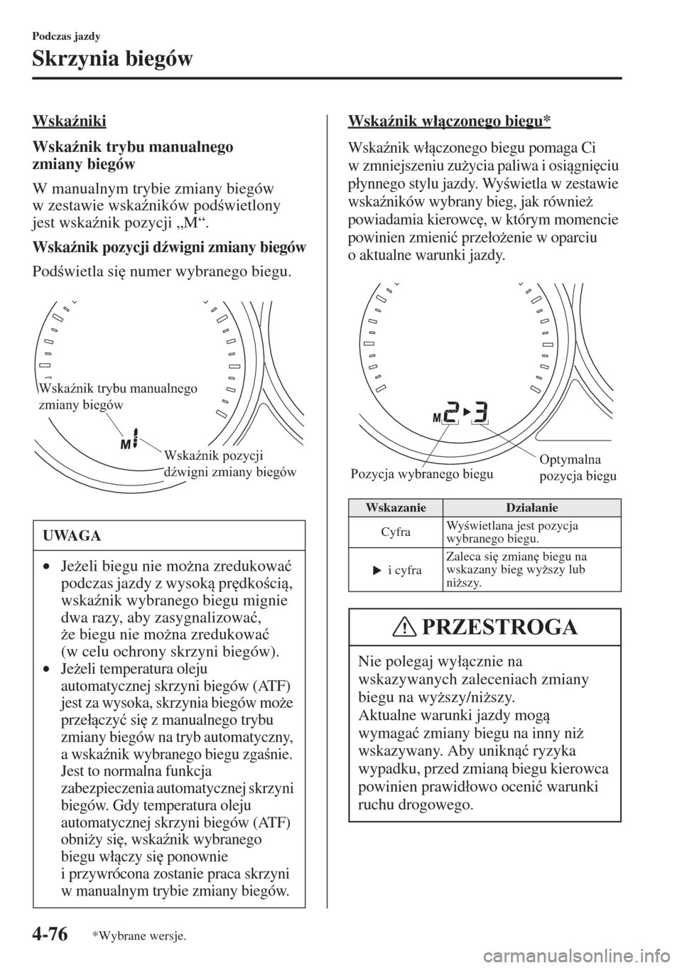 MAZDA MODEL CX-5 2015  Instrukcja Obsługi (in Polish) 4-76
Podczas jazdy
Skrzynia biegów
Wska(niki
Wska(nik trybu manualnego 
zmiany biegów
W manualnym trybie zmiany biegów 
w zestawie wska(ników podwietlony 
jest wska(nik pozycji „M“.
Wska