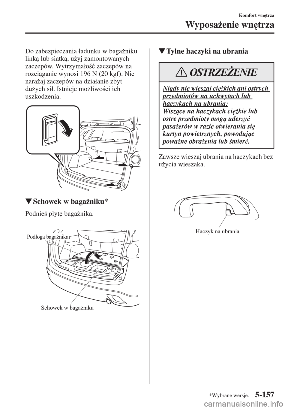 MAZDA MODEL CX-5 2015  Instrukcja Obsługi (in Polish) 5-157
Komfort wn
trza
Wyposa*enie wn
trza
Do zabezpieczania �áadunku w baga*niku 
link lub siatk, u*yj zamontowanych 
zaczepów. Wytrzyma�áo�ü zaczepów na 
rozciganie wynosi 196 N (20