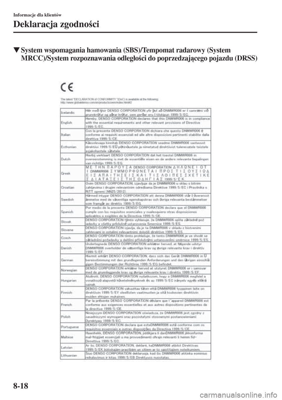 MAZDA MODEL CX-5 2015  Instrukcja Obsługi (in Polish) 8-18
Informacje dla klientów
Deklaracja zgodnoci
�WSystem wspomagania hamowania (SBS)/Tempomat radarowy (System 
MRCC)/System rozpoznawania odleg�áoci do poprzedzajcego pojazdu (DRSS) 