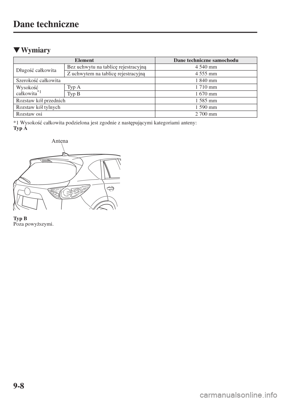 MAZDA MODEL CX-5 2015  Instrukcja Obsługi (in Polish) 9-8
Dane techniczne
�WWymiary
*1 Wysoko�ü ca�ákowita podzielona jest zgodnie z nast
pujcymi kategoriami anteny:
Typ A
Typ B
Poza powy*szymi.
ElementDane techniczne samochodu
D�áugo�ü ca�á