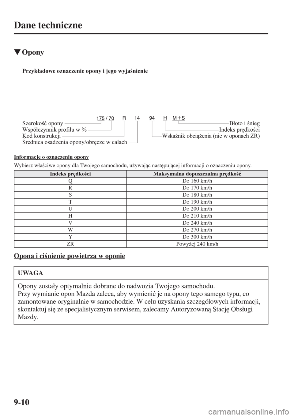 MAZDA MODEL CX-5 2015  Instrukcja Obsługi (in Polish) 9-10
Dane techniczne
�WOpony
Informacje o oznaczeniu opony
Wybierz w�áaciwe opony dla Twojego samochodu, u*ywajc nast
pujcej informacji o oznaczeniu opony.
Opona i cinienie powietrza w opon