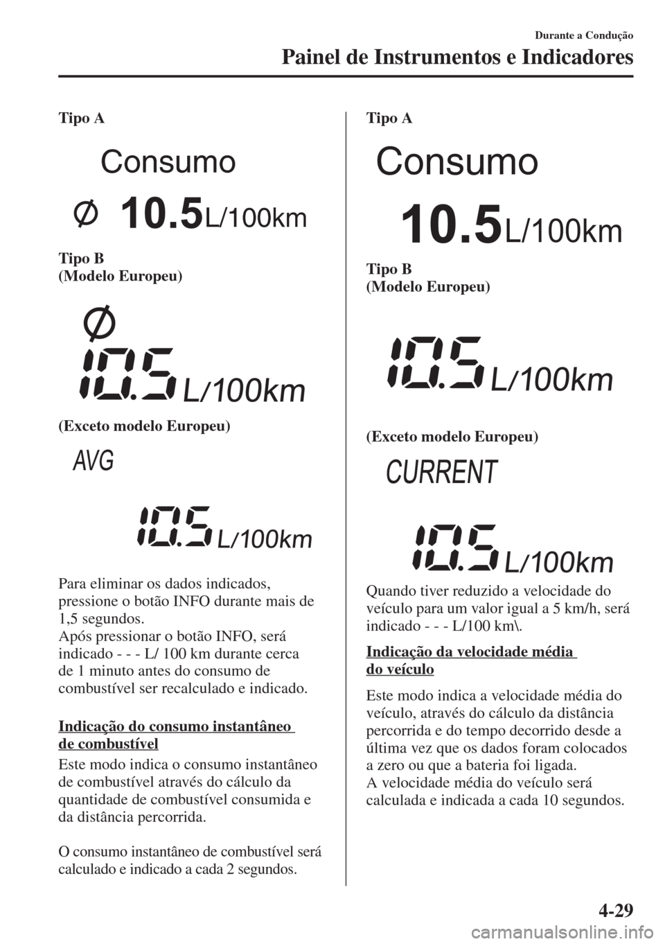 MAZDA MODEL CX-5 2015  Manual do proprietário (in Portuguese) 4-29
Durante a Condução
Painel de Instrumentos e Indicadores
Tipo A
Tipo B 
(Modelo Europeu)
(Exceto modelo Europeu)
Para eliminar os dados indicados, 
pressione o botão INFO durante mais de 
1,5 s
