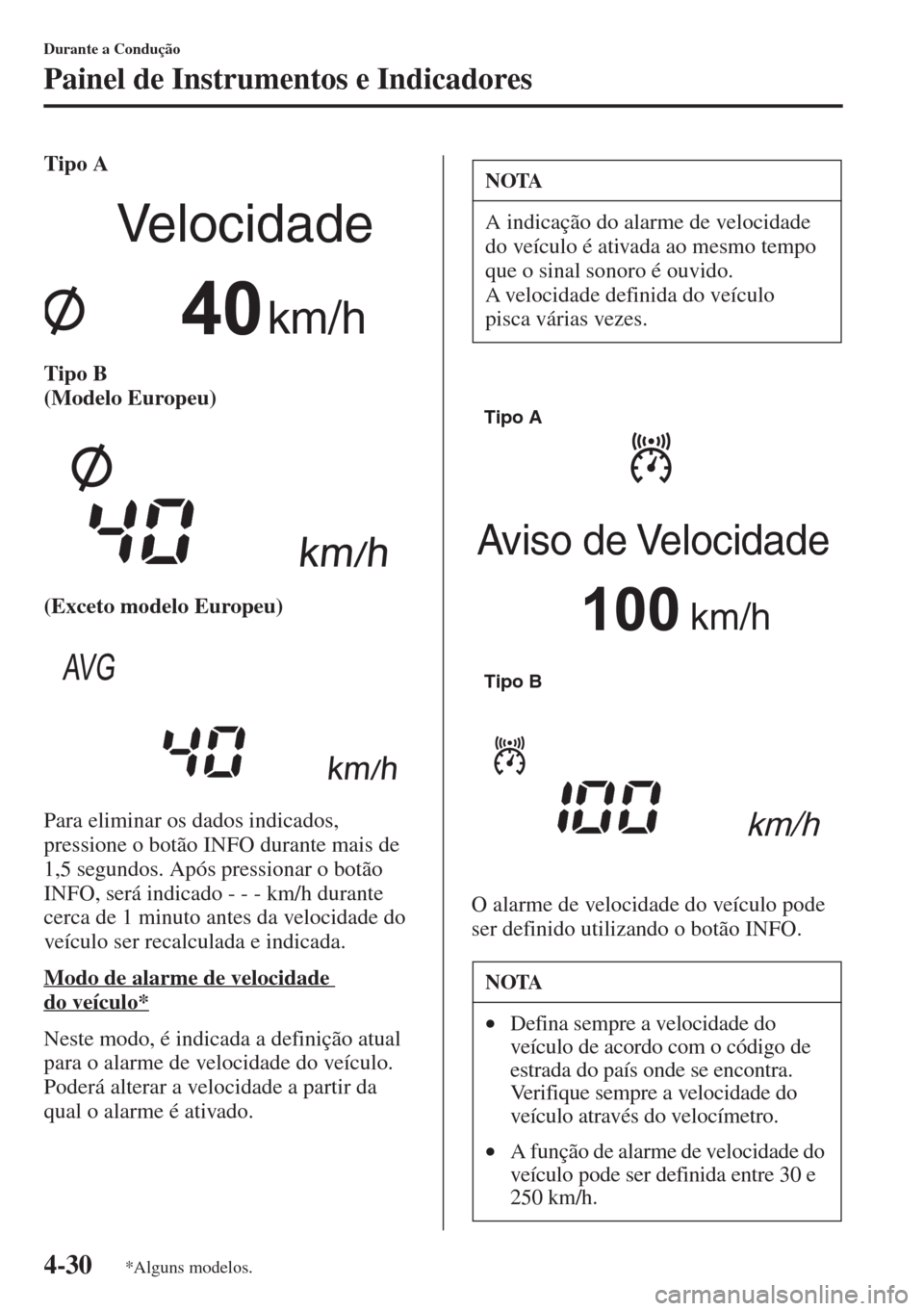 MAZDA MODEL CX-5 2015  Manual do proprietário (in Portuguese) 4-30
Durante a Condução
Painel de Instrumentos e Indicadores
Tipo A
Tipo B 
(Modelo Europeu)
(Exceto modelo Europeu)
Para eliminar os dados indicados, 
pressione o botão INFO durante mais de 
1,5 s