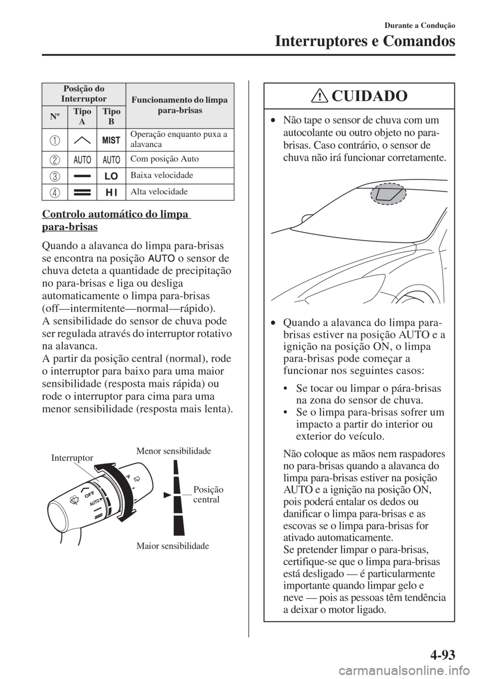 MAZDA MODEL CX-5 2015  Manual do proprietário (in Portuguese) 4-93
Durante a Condução
Interruptores e Comandos
Controlo automático do limpa 
para-brisas
Quando a alavanca do limpa para-brisas 
se encontra na posição   o sensor de 
chuva deteta a quantidade 