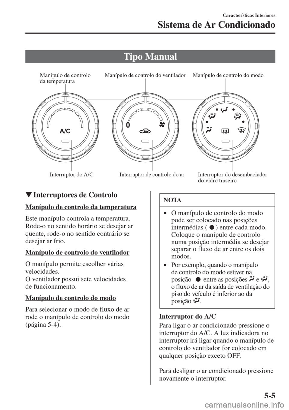 MAZDA MODEL CX-5 2015  Manual do proprietário (in Portuguese) 5-5
Características Interiores
Sistema de Ar Condicionado
�WInterruptores de Controlo
Manípulo de controlo da temperatura
Este manípulo controla a temperatura. 
Rode-o no sentido horário se deseja