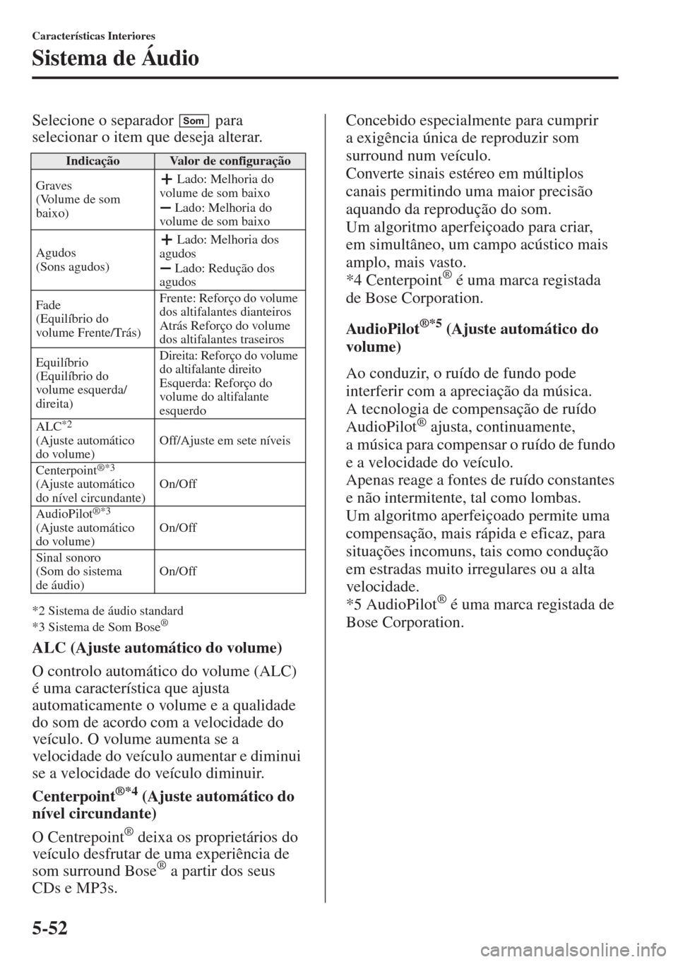 MAZDA MODEL CX-5 2015  Manual do proprietário (in Portuguese) 5-52
Características Interiores
Sistema de Áudio
Selecione o separador   para 
selecionar o item que deseja alterar.
*2 Sistema de áudio standard
*3 Sistema de Som Bose®
ALC (Ajuste automático do