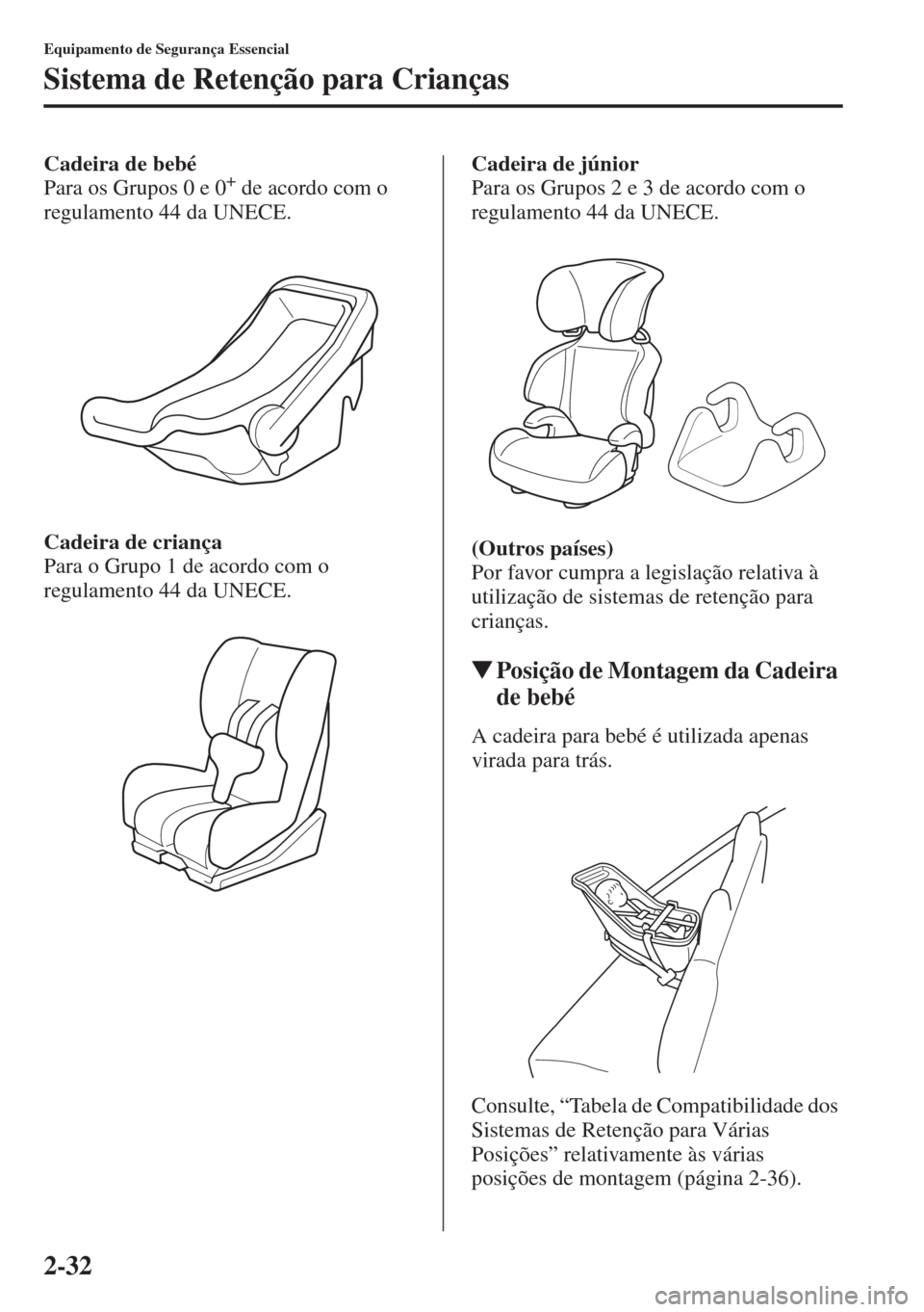 MAZDA MODEL CX-5 2015  Manual do proprietário (in Portuguese) 2-32
Equipamento de Segurança Essencial
Sistema de Retenção para Crianças
Cadeira de bebé
Para os Grupos 0 e 0+ de acordo com o 
regulamento 44 da UNECE.
Cadeira de criança
Para o Grupo 1 de aco