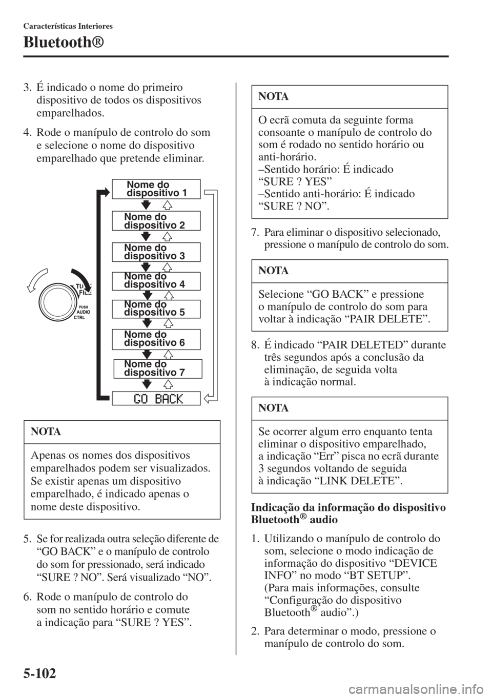 MAZDA MODEL CX-5 2015 Manual do proprietário (in Portuguese) 5-102
Características Interiores
Bluetooth®
3. É indicado o nome do primeiro
dispositivo de todos os dispositivos
emparelhados.
4. Rode o manípulo de controlo do som
e selecione o nome do dispo MAZDA MODEL CX-5 2015 Manual do proprietário (in Portuguese) 5-102
Características Interiores
Bluetooth®
3. É indicado o nome do primeiro
dispositivo de todos os dispositivos
emparelhados.
4. Rode o manípulo de controlo do som
e selecione o nome do dispo