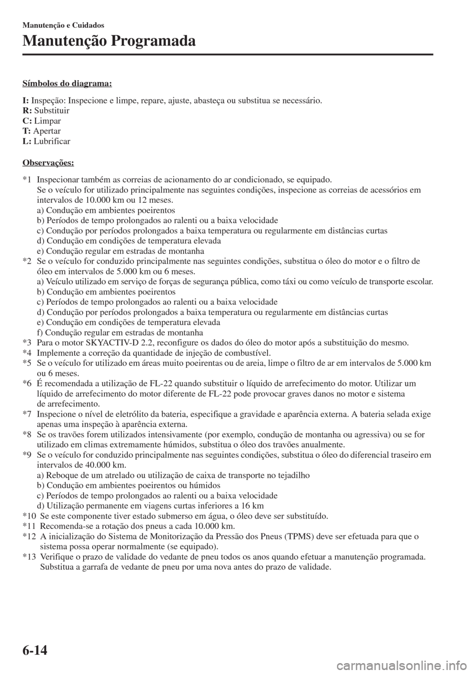 MAZDA MODEL CX-5 2015  Manual do proprietário (in Portuguese) 6-14
Manutenção e Cuidados
Manutenção Programada
Símbolos do diagrama:
I: Inspeção: Inspecione e limpe, repare, ajuste, abasteça ou substitua se necessário.
R: Substituir
C: Limpar
T: Apertar