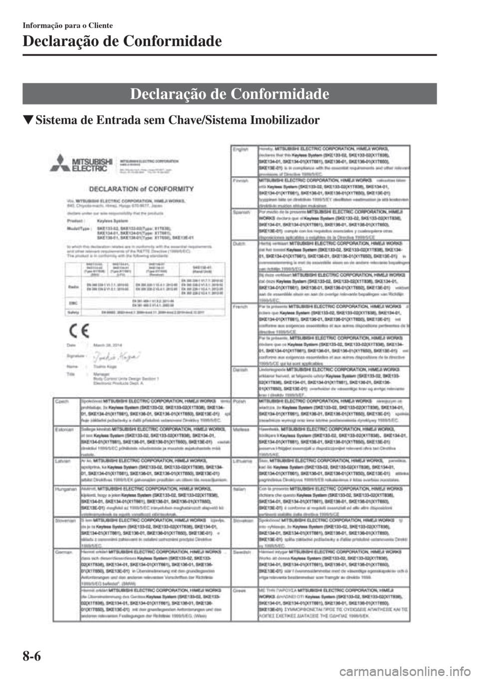 MAZDA MODEL CX-5 2015  Manual do proprietário (in Portuguese) 8-6
Informação para o Cliente
Declaração de Conformidade
�WSistema de Entrada sem Chave/Sistema Imobilizador
Declaração de Conformidade 