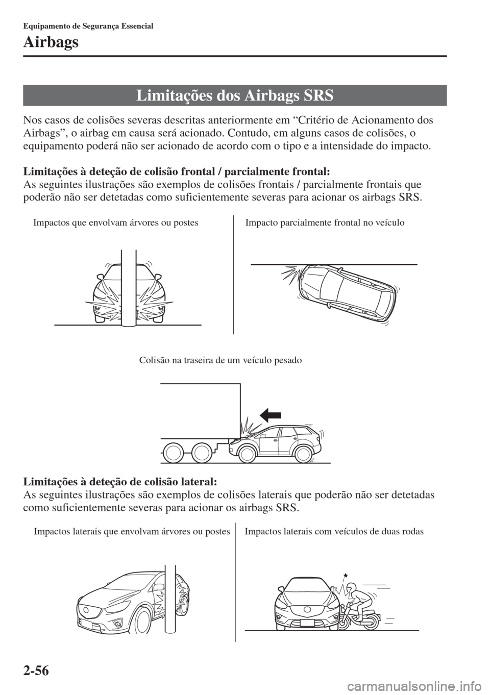 MAZDA MODEL CX-5 2015  Manual do proprietário (in Portuguese) 2-56
Equipamento de Segurança Essencial
Airbags
Nos casos de colisões severas descritas anteriormente em “Critério de Acionamento dos 
Airbags”, o airbag em causa será acionado. Contudo, em al