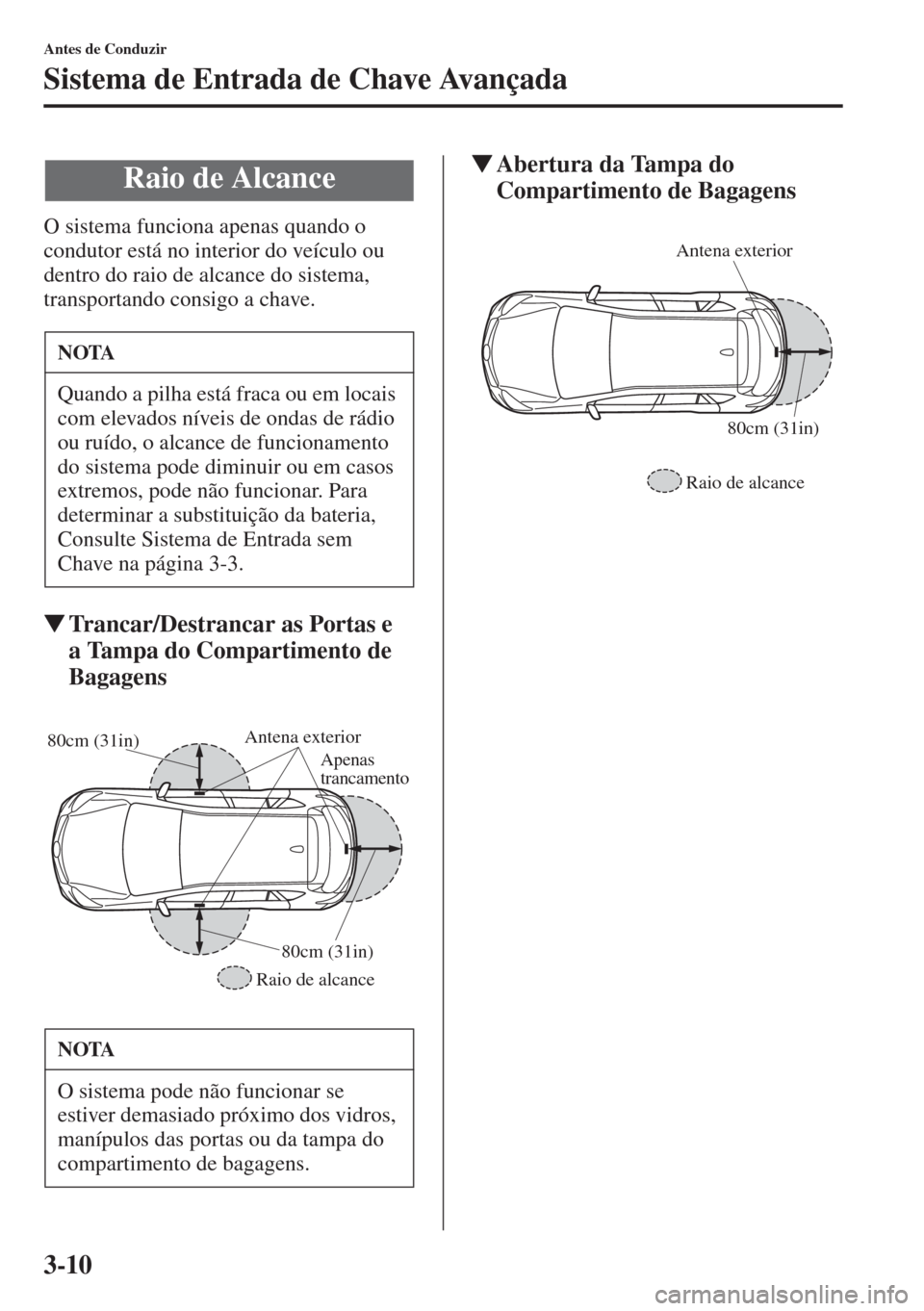 MAZDA MODEL CX-5 2015  Manual do proprietário (in Portuguese) 3-10
Antes de Conduzir
Sistema de Entrada de Chave Avançada
O sistema funciona apenas quando o 
condutor está no interior do veículo ou 
dentro do raio de alcance do sistema, 
transportando consigo