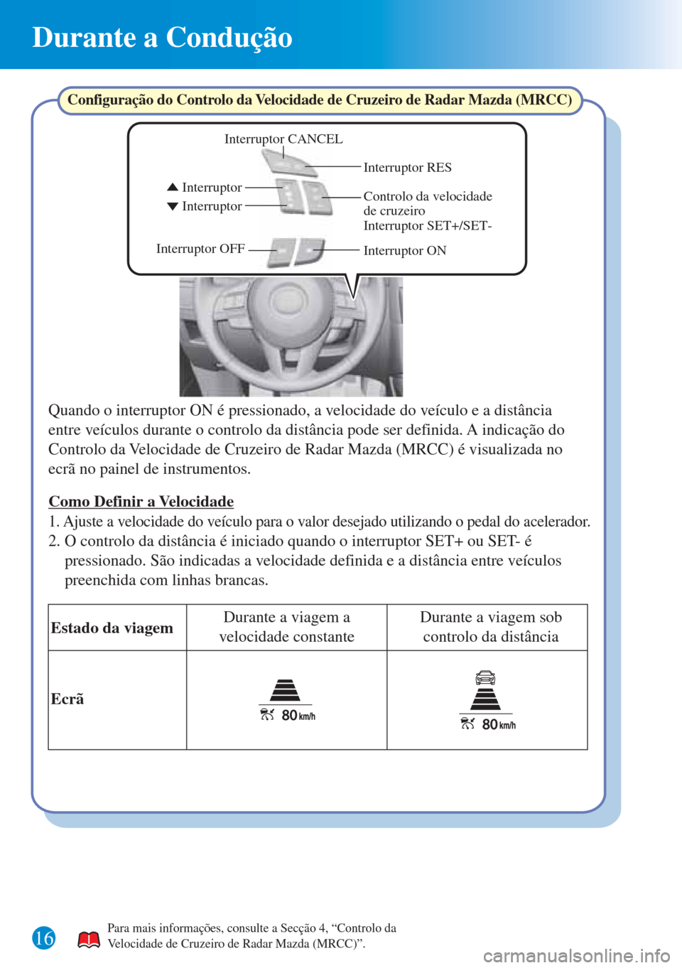 MAZDA MODEL CX-5 2015 Guia Rápido (in Portuguese) Durante a Condução
16
Interruptor
Interruptor
Interruptor OFF
Interruptor RES
Controlo da velocidade
de cruzeiro
Interruptor SET+/SET- Interruptor CANCEL
Interruptor ON
Para mais informações, con MAZDA MODEL CX-5 2015 Guia Rápido (in Portuguese) Durante a Condução
16
Interruptor
Interruptor
Interruptor OFF
Interruptor RES
Controlo da velocidade
de cruzeiro
Interruptor SET+/SET- Interruptor CANCEL
Interruptor ON
Para mais informações, con