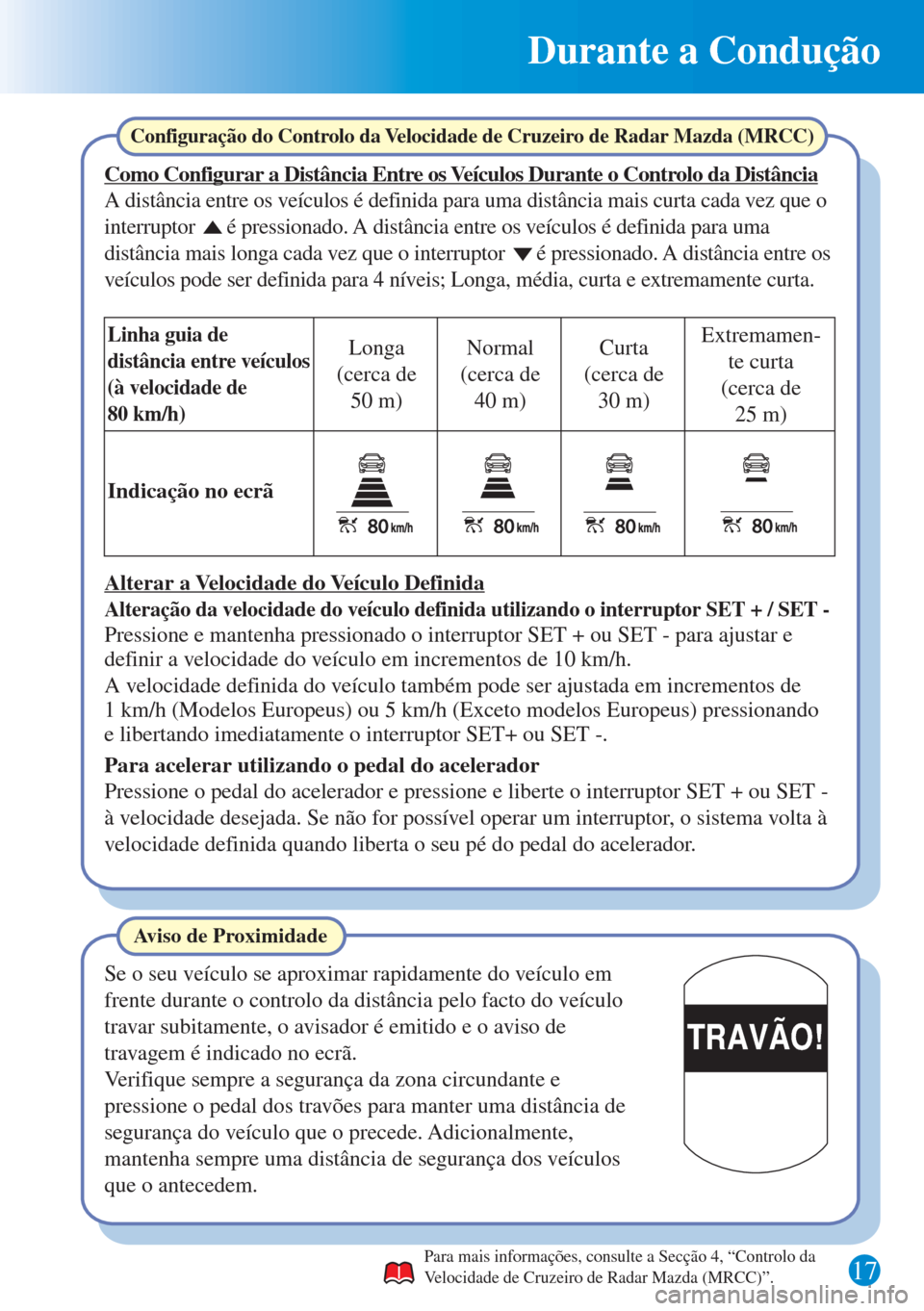 MAZDA MODEL CX-5 2015 Guia Rápido (in Portuguese) Durante a Condução
17
TRAVÃO!
Para mais informações, consulte a Secção 4, “Controlo da
Velocidade de Cruzeiro de Radar Mazda (MRCC)”.
Configuração do Controlo da Velocidade de Cruzeiro d MAZDA MODEL CX-5 2015 Guia Rápido (in Portuguese) Durante a Condução
17
TRAVÃO!
Para mais informações, consulte a Secção 4, “Controlo da
Velocidade de Cruzeiro de Radar Mazda (MRCC)”.
Configuração do Controlo da Velocidade de Cruzeiro d