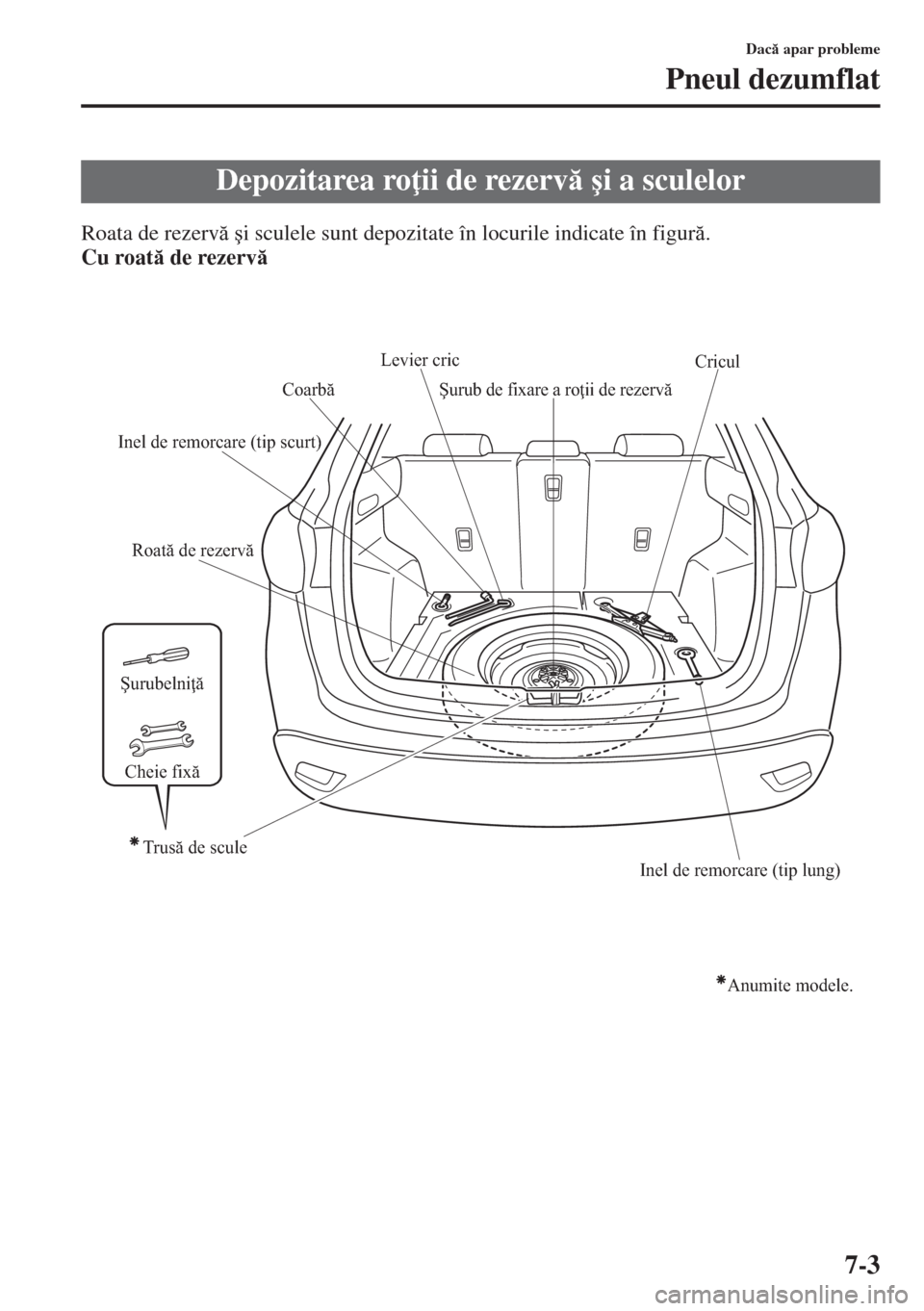 MAZDA MODEL CX-5 2015  Manualul de utilizare (in Romanian) 7-3
Dac apar probleme
Pneul dezumflat
Roata de rezerv �úi sculele sunt depozitate în locurile indicate în figur.
Cu roat de rezerv
Depozitarea ro ii de rezerv �úi a sculelor
Roată de