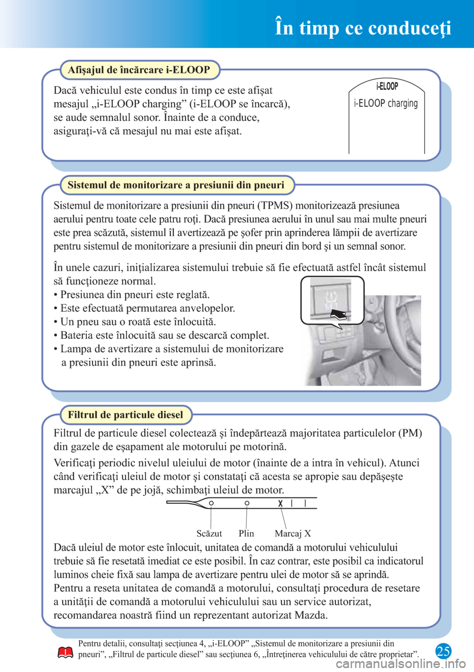 MAZDA MODEL CX-5 2015  Ghid introductiv (in Romanian)  25
În timp ce conduceţi
Marcaj X Plin Scăzut
i-ELOOP charging
Filtrul de particule diesel
Filtrul de particule diesel colectează şi îndepărtează majoritatea particulelor (PM) 
din gazele de e�