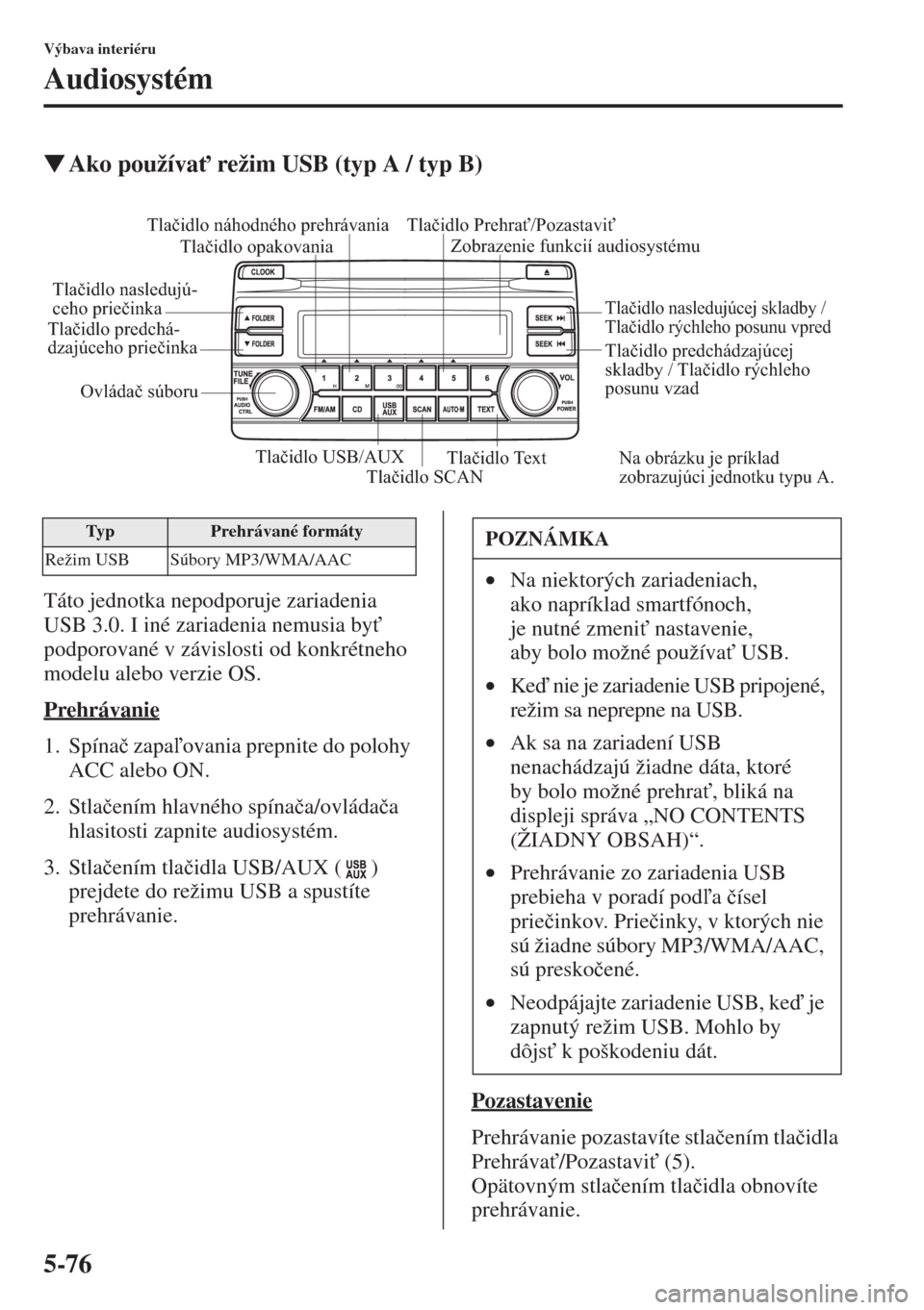 MAZDA MODEL CX-5 2015  Užívateľská príručka (in Slovak) 5-76
Výbava interiéru
Audiosystém
�WAko používa" režim USB (typ A / typ B)
Táto jednotka nepodporuje zariadenia 
USB 3.0. I iné zariadenia nemusia by" 
podporované v závislosti od konkrét