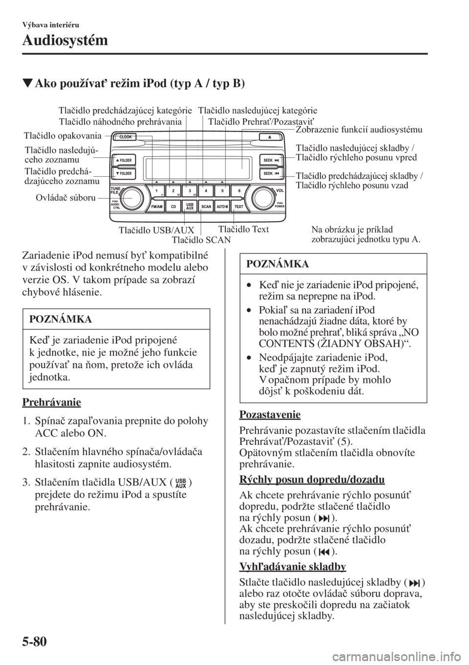 MAZDA MODEL CX-5 2015  Užívateľská príručka (in Slovak) 5-80
Výbava interiéru
Audiosystém
�WAko používa" režim iPod (typ A / typ B)
Zariadenie iPod nemusí by" kompatibilné 
v závislosti od konkrétneho modelu alebo 
verzie OS. V takom prípade s