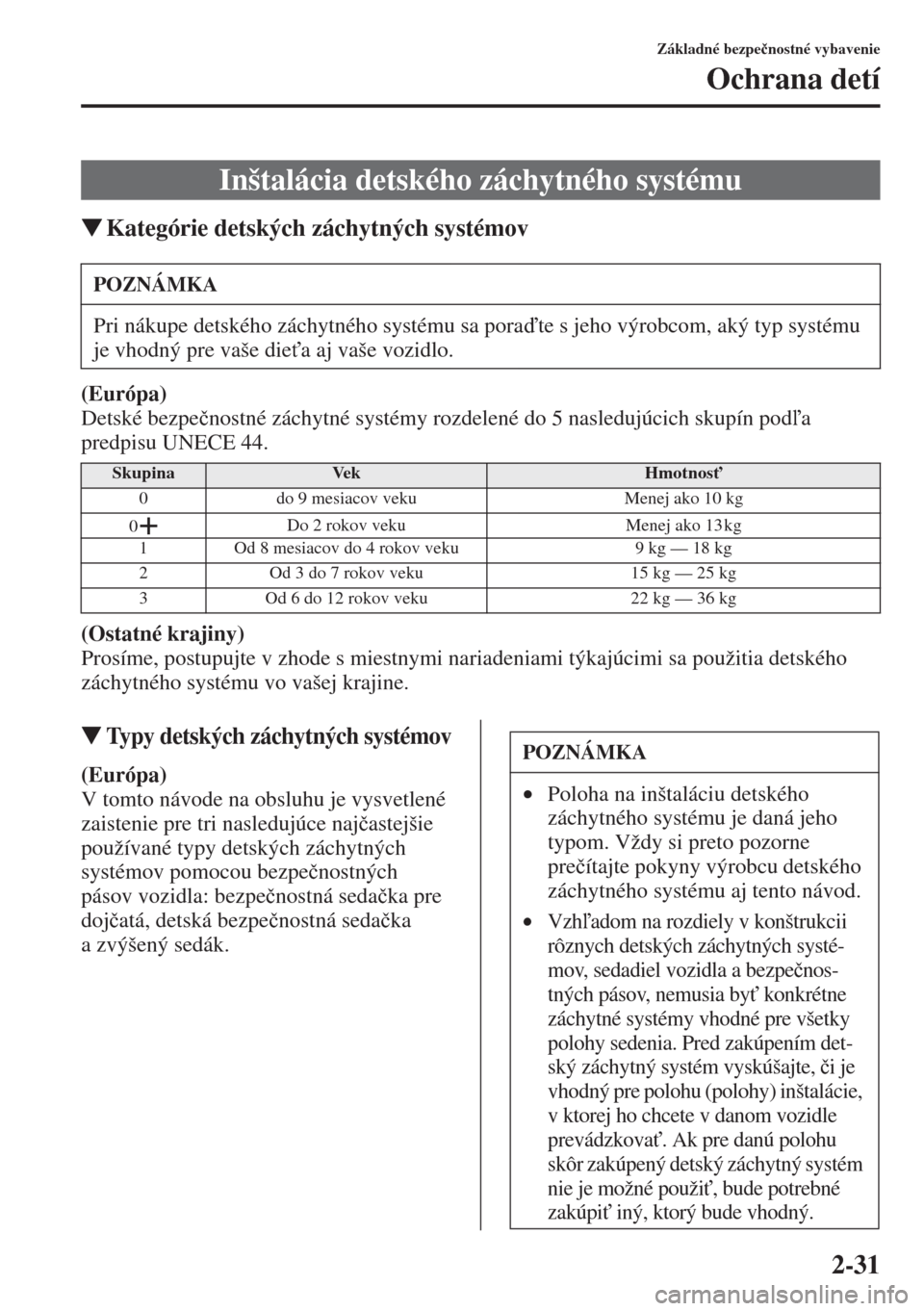 MAZDA MODEL CX-5 2015  Užívateľská príručka (in Slovak) 2-31
Základné bezpe�þnostné vybavenie
Ochrana detí
�WKategórie detských záchytných systémov
(Európa)
Detské bezpe�þnostné záchytné systémy rozdelené do 5 nasledujúcich skupín pod