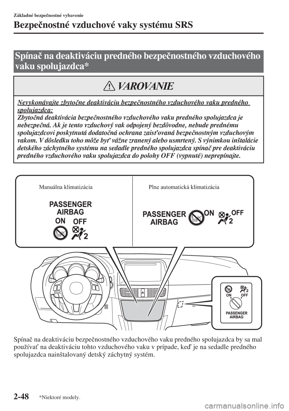 MAZDA MODEL CX-5 2015  Užívateľská príručka (in Slovak) 2-48
Základné bezpe�þnostné vybavenie
Bezpe�þnostné vzduchové vaky systému SRS
Spína�þ na deaktiváciu bezpe�þnostného vzduchového vaku predného spolujazdca by sa mal 
používa" na dea