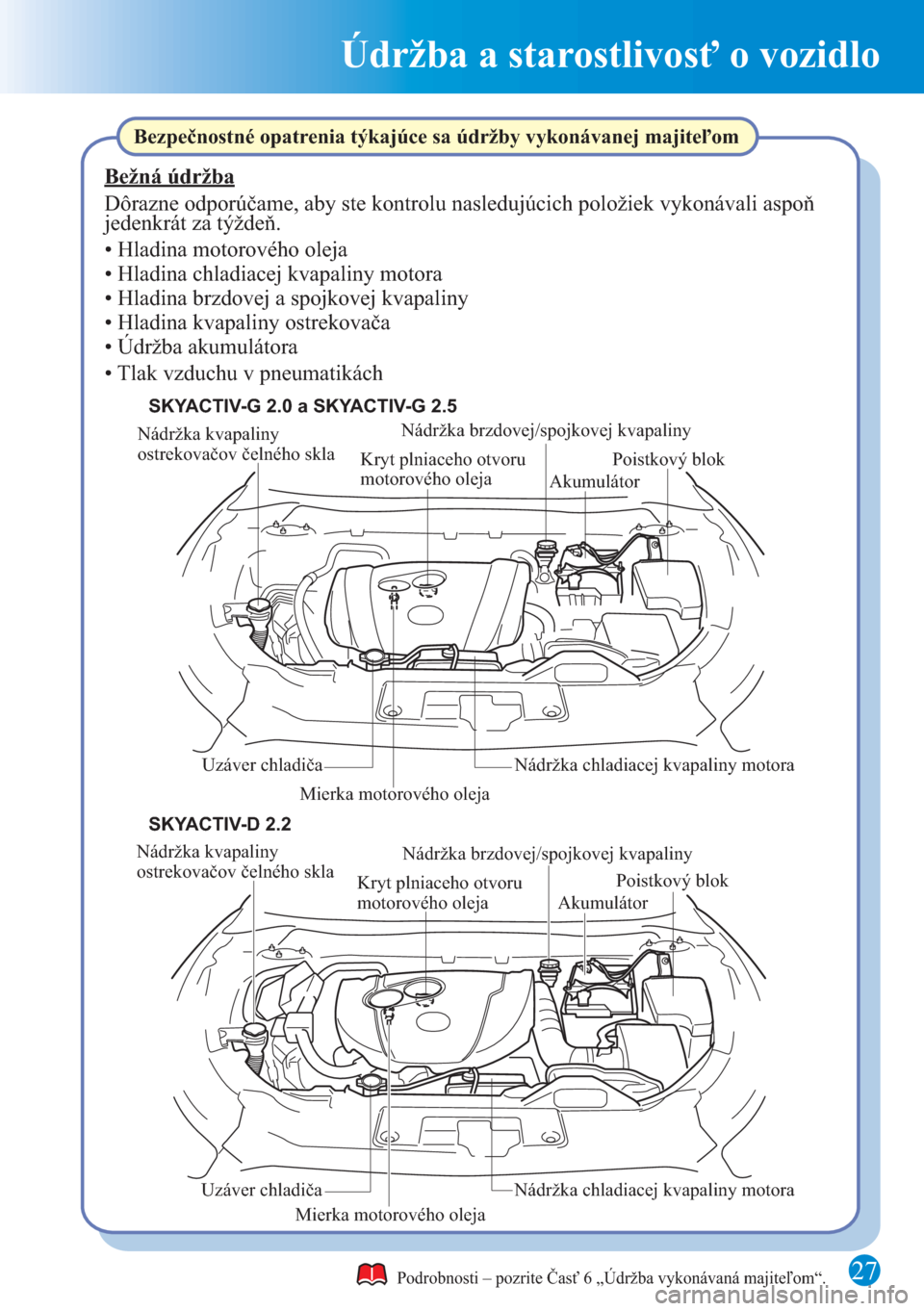MAZDA MODEL CX-5 2015 Rýchly sprievodca (in Slovak) 27
Údržba a starostlivosť o vozidlo
Nádržka kvapaliny
ostrekovačov čelného skla
Kryt plniaceho otvoru
motorového olejaNádržka brzdovej/spojkovej kvapaliny
Mierka motorového olejaAkumulá MAZDA MODEL CX-5 2015 Rýchly sprievodca (in Slovak) 27
Údržba a starostlivosť o vozidlo
Nádržka kvapaliny
ostrekovačov čelného skla
Kryt plniaceho otvoru
motorového olejaNádržka brzdovej/spojkovej kvapaliny
Mierka motorového olejaAkumulá