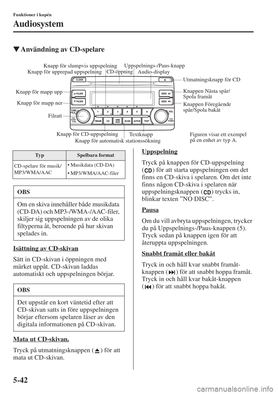 MAZDA MODEL CX-5 2015  Ägarmanual (in Swedish) 5-42
Funktioner i kupén
Audiosystem
�WAnvändning av CD-spelare
Isättning av CD-skivan
Sätt in CD-skivan i öppningen med 
märket uppåt. CD-skivan laddas 
automatiskt och uppspelningen börjar.
M