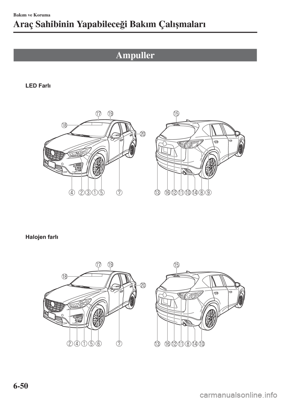 MAZDA MODEL CX-5 2015  Kullanım Kılavuzu (in Turkish) 6-50
Bak�Õm ve Koruma
Araç Sahibinin Yapabilece�÷i Bak�Õm Çal�Õ�úmalar�Õ
Ampuller
LED Farlı
Halojen farlı 