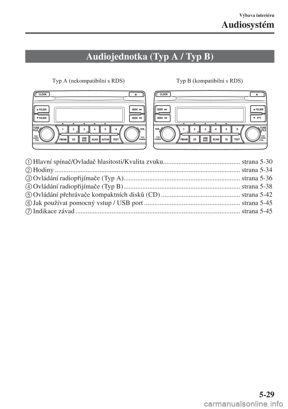 MAZDA MODEL CX-5 2015  Návod k obsluze (in Czech) 5-29
Výbava interiéru
Audiosystém
1Hlavní spína�þ/Ovlada�þ hlasitosti/Kvalita zvuku............................................. strana 5-30
2Hodiny ............................................