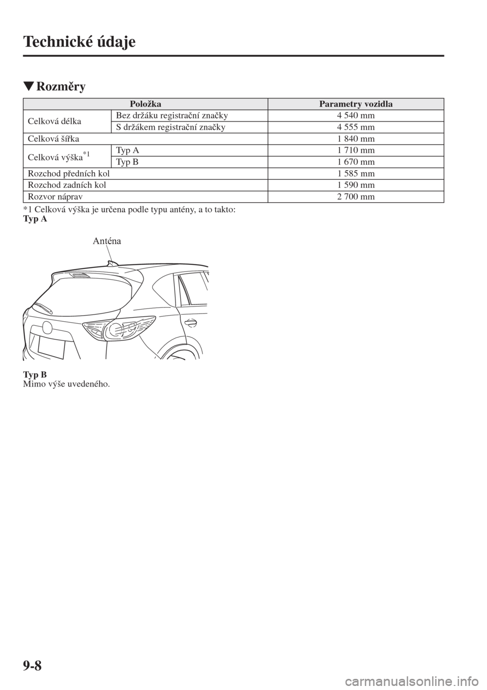 MAZDA MODEL CX-5 2015  Návod k obsluze (in Czech) 9-8
Technické údaje
�WRozmry
*1 Celková výška je ur�þena podle typu antény, a to takto:
Typ A
Typ B
Mimo výše uvedeného.
PoložkaParametry vozidla
Celková délkaBez držáku registra�þn�