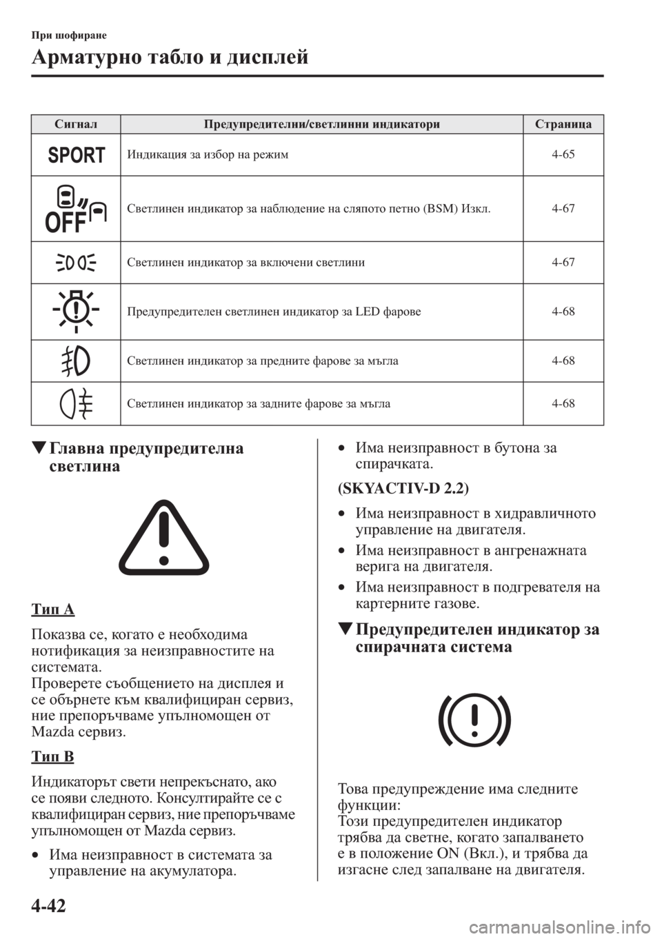 MAZDA MODEL CX-5 2015  Ръководство на потребителя (in Bulgarian) 4-42
Ijb rhnbjZg_
:jfZlmjgh lZ[eh b ^bkie_c
�W=e Z \ g Z ij_^mij_^bl_egZ 
k\_lebgZ
Lbi A
IhdZa\Z k_, dh ] Zlh _ g_h