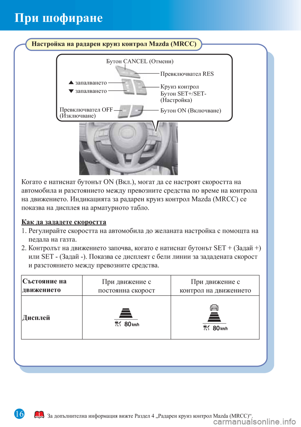 MAZDA MODEL CX-5 2015 Бързо ръководство (in Bulgarian) При шофиране
16
запалването
запалването
Превключвател RES
Круиз контрол Бутон CANCEL (Отмени)
Бутон ON (Включване)Б MAZDA MODEL CX-5 2015 Бързо ръководство (in Bulgarian) При шофиране
16
запалването
запалването
Превключвател RES
Круиз контрол Бутон CANCEL (Отмени)
Бутон ON (Включване)Б
