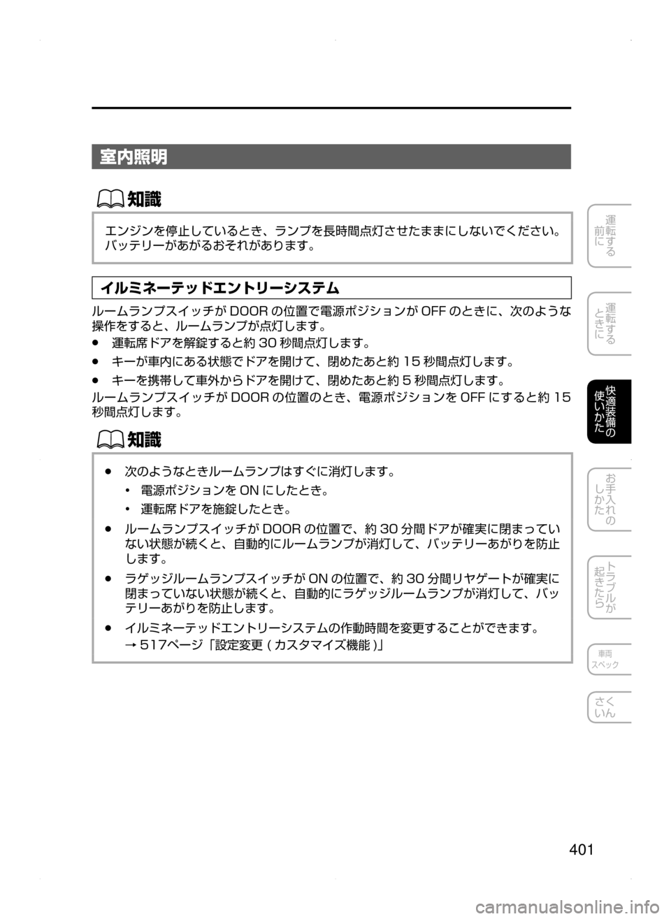 MAZDA MODEL CX-5 2015  取扱説明書 (in Japanese) 401
運転する
﻿﻿
前に
運転する
﻿﻿
ときに
快適装備の
使いかた
お手入れの
しかた
トラブルが
起きたら
車両
スペック
さく
いん
室内照明
ŒÝ
