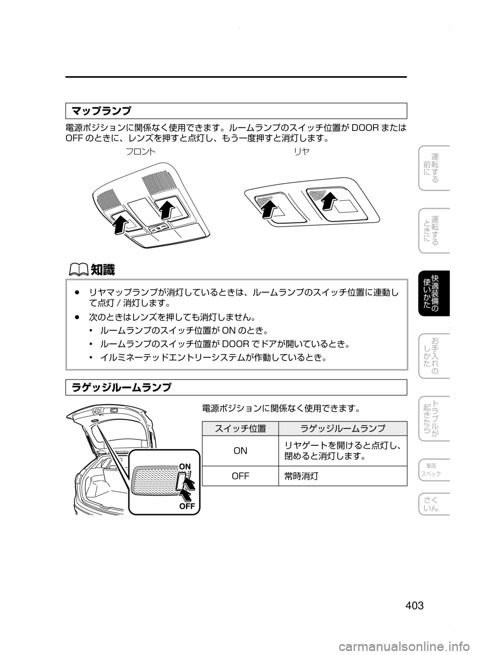 MAZDA MODEL CX-5 2015  取扱説明書 (in Japanese) 403
運転する
﻿﻿
前に
運転する
﻿﻿
ときに
快適装備の
使いかた
お手入れの
しかた
トラブルが
起きたら
車両
スペック
さく
いん
マップランプ
