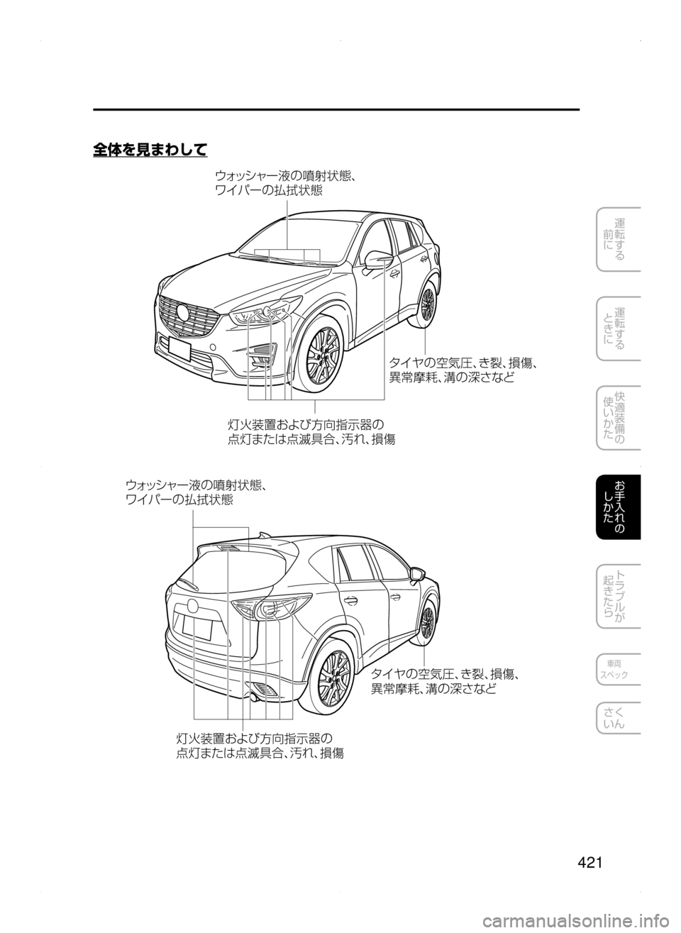 MAZDA MODEL CX-5 2015  取扱説明書 (in Japanese) 421
運転する
﻿﻿
前に
運転する
﻿﻿
ときに
快適装備の
使いかた
お手入れの
しかた
トラブルが
起きたら
車両
スペック
さく
いん
全体を見まわし