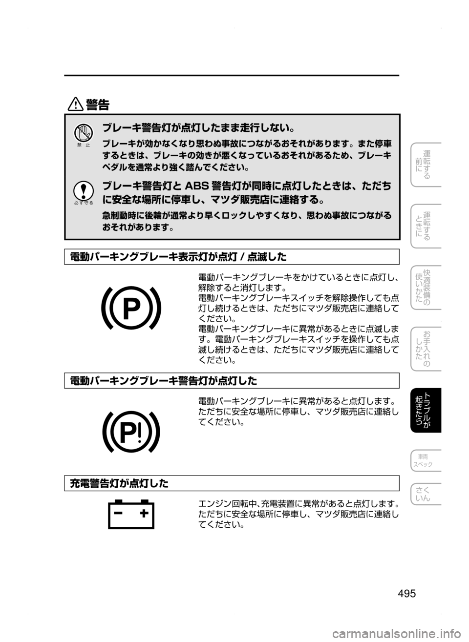 MAZDA MODEL CX-5 2015  取扱説明書 (in Japanese) 495
運転する
﻿﻿
前に
運転する
﻿﻿
ときに
快適装備の
使いかた
お手入れの
しかた
トラブルが
起きたら
車両
スペック
さく
いん
/
ブレーキ警