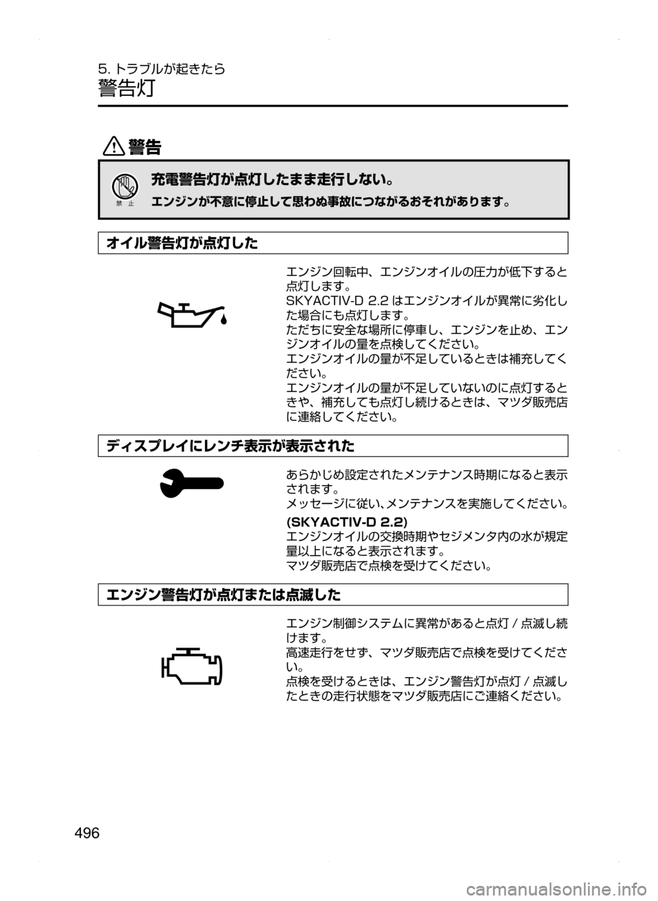 MAZDA MODEL CX-5 2015  取扱説明書 (in Japanese) 496
5. トラブルが起きたら
警告灯
/
充電警告灯が点灯したまま走行しない。
エンジンが不意に停止して思わぬ事故につながるおそれがあります。
