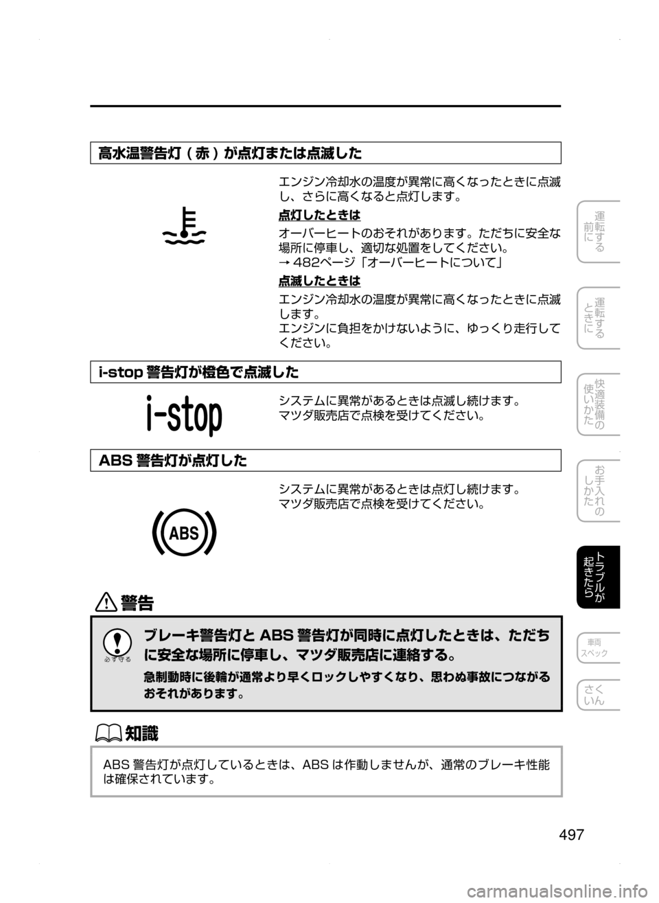 MAZDA MODEL CX-5 2015  取扱説明書 (in Japanese) 497
運転する
﻿﻿
前に
運転する
﻿﻿
ときに
快適装備の
使いかた
お手入れの
しかた
トラブルが
起きたら
車両
スペック
さく
いん
高水温警告灯 