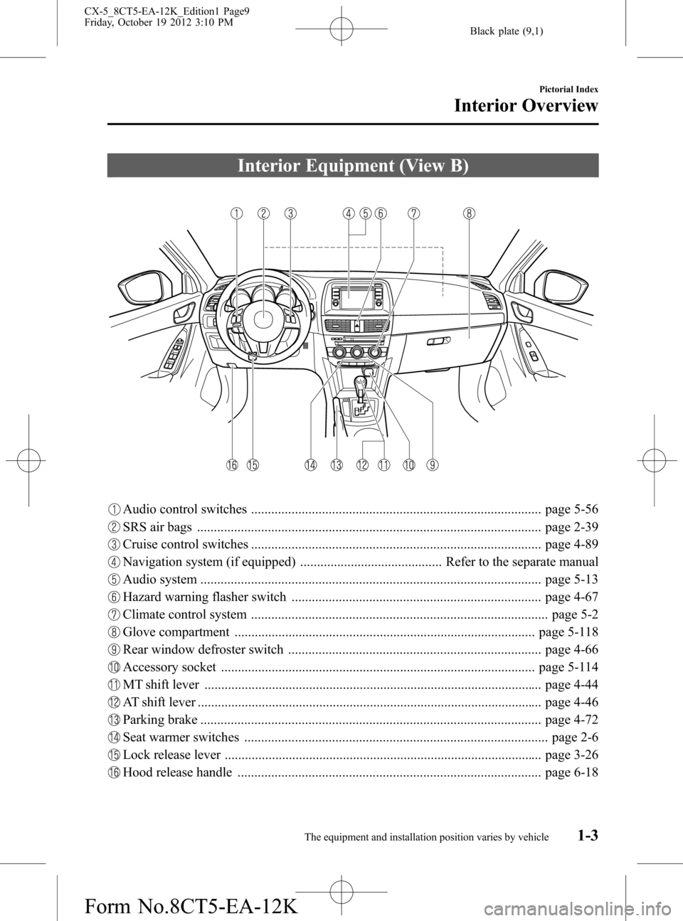 MAZDA MODEL CX-5 2014  Owners Manual (in English) Black plate (9,1)
Interior Equipment (View B)
Audio control switches ...................................................................................... page 5-56
SRS air bags .....................