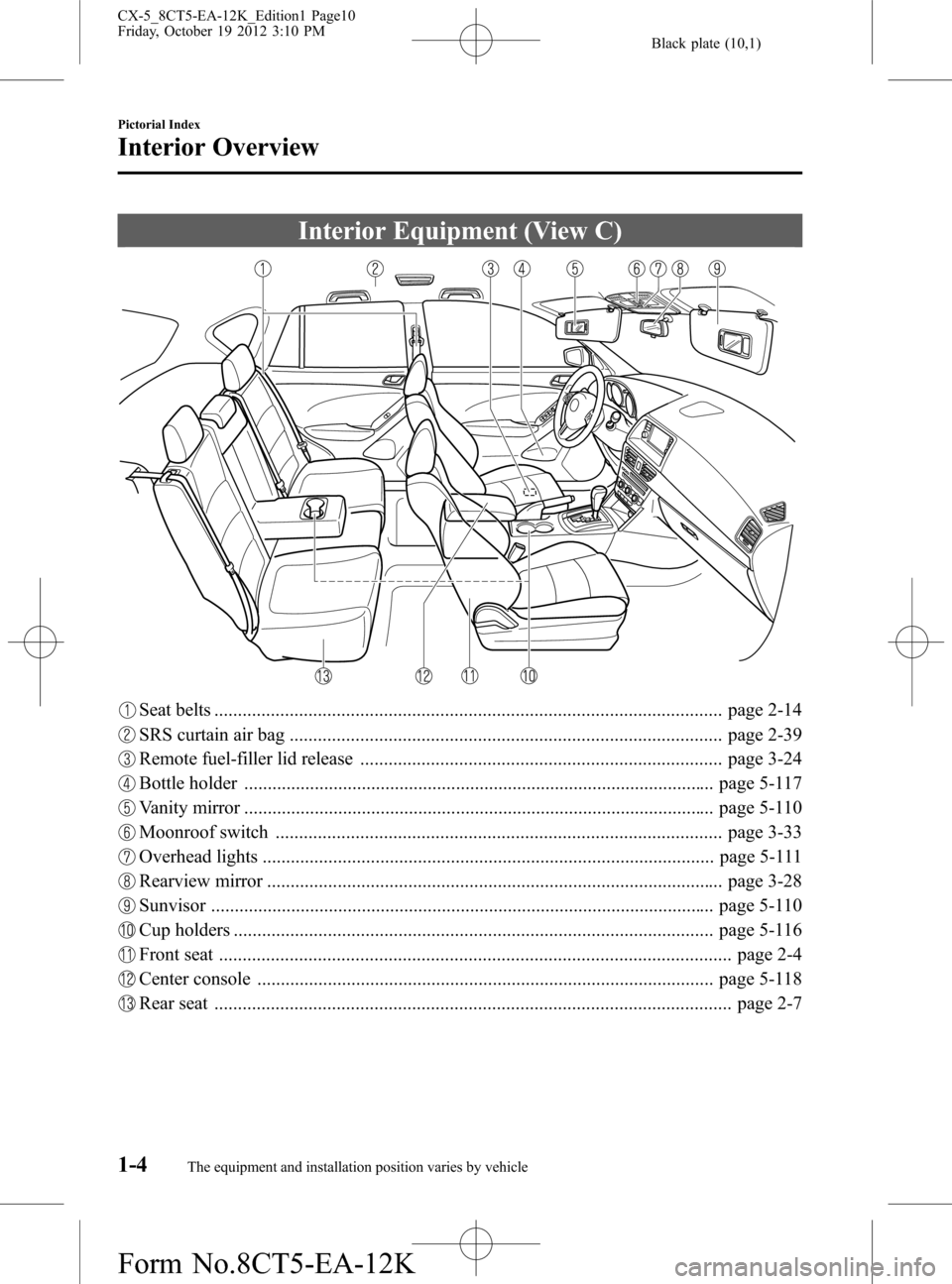 MAZDA MODEL CX-5 2014  Owners Manual (in English) Black plate (10,1)
Interior Equipment (View C)
Seat belts ............................................................................................................ page 2-14
SRS curtain air bag ...